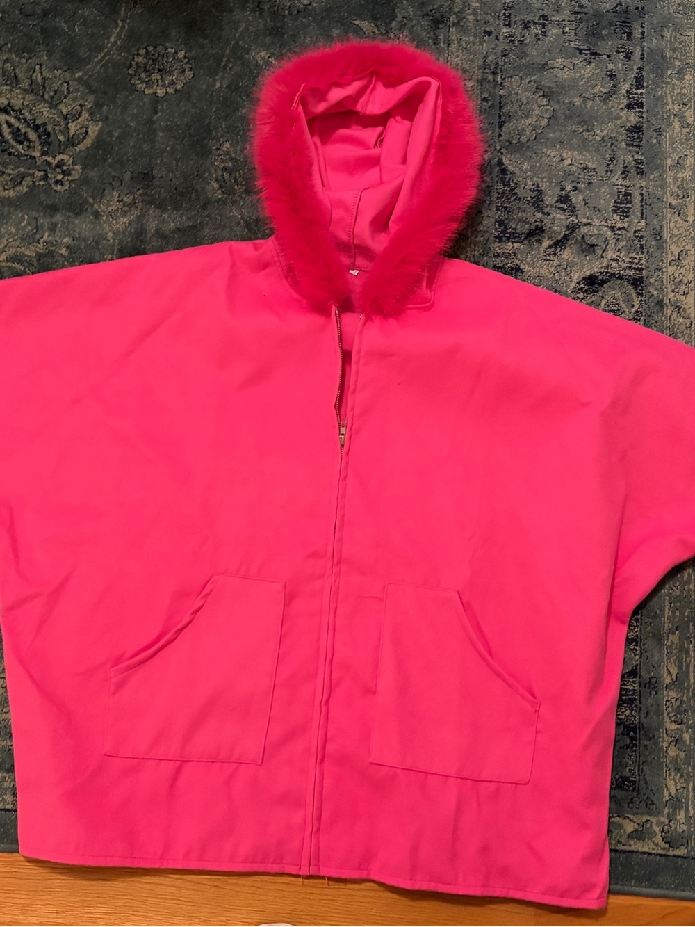 Hot Pink Hooded Poncho Shrug with Faux Fur Trim